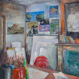 Thierry Merget: 'L atelier 1', 2015 Acrylic Painting, Surrealism. Artist Description:      cubaatelier de peinturechemineeposter, babel,sur bois, revolution, grafiti,   ...