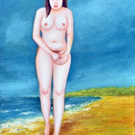 Nguyen Huu Thuan: 'ALone', 2015 Oil Painting, Landscape. Artist Description: Thepainting describe a girl walk alone before swim near the beach...