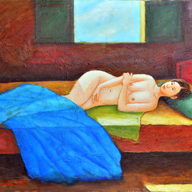 Nguyen Huu Thuan: 'A girl on the bed', 2012 Oil Painting, nudes. Artist Description:  I was inspired by countryside girl when I show her my painting photo, And then she willing to lie for me sketched in 2011 in Hoa Binh province. She is beauty and pure body make me paint again many times until I feel perfect mysefl ...