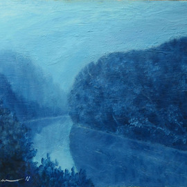 Nguyen Huu Thuan: 'Violet afternoon river', 2011 Oil Painting, Landscape. Artist Description: The river and forest under sunset light as violet colors, the picture in www. thuanpainting. com ...