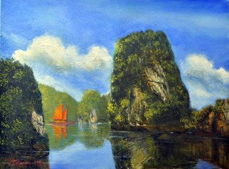 Nguyen Huu Thuan: 'a normal day in halong bay', 2011 Oil Painting, Landscape. I am Internaional Tout Guide.  I have been took many foreigners visit Halong bay.  Its Wold heritage site of Vietnam.  pls accesswww.  thuanpainting.  com is mywestsite...