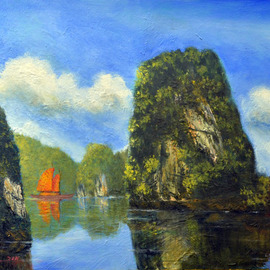 Nguyen Huu Thuan: 'a normal day in halong bay', 2011 Oil Painting, Landscape. Artist Description: I am Internaional Tout Guide.  I have been took many foreigners visit Halong bay.  Its Wold heritage site of Vietnam.  pls accesswww.  thuanpainting.  com is mywestsite...