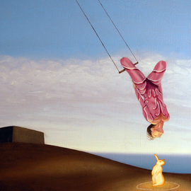 Tim Murphy: 'Above The Goal', 2000 Oil Painting, Flight. Artist Description:   flying, woman, shore, ocean, trapeze, castle island, bunny, glow, sea, flight, float, fantasy, enlightenment, tim, murphy, Boston, dock, bird, calm, peaceful  ...