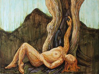 Tiziana Fejzullaj: 'Leaning by the Tree', 2016 Oil Painting, nudes.  Leaning by the Tree ...
