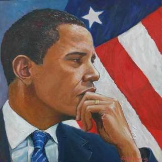 Tomas Omaoldomhnaigh: 'Obama in reflection', 2009 Oil Painting, Figurative.  Portrait of Obama with US Flag ...