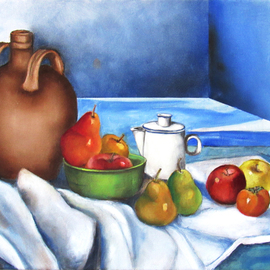 Miriam Besa: 'still life jug with fruits', 2018 Oil Painting, Still Life. Artist Description: A composition consisting of a jug, coffee pot with a bowl of fruits and other  inviting  fruits - pears, apples and persimmon laid on a drapery.  Its background - a room in perspective with an interesting play of shadow patterns on the floor adds to this interesting and appealing still ...