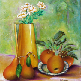 Miriam Besa: 'yellow pitcher with pears', 2018 Oil Painting, Still Life. Artist Description: A still life created in oil on canvas. The tall yellow pitcher with white blooming flowers compliments the delicious pears and apples on a plate. The pears and apples have just been picked as they have the stems and leaves, so inviting in their freshness. ...