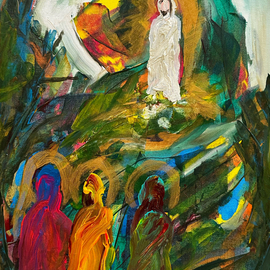 Paulo Medina: 'do not be afraid', 2023 Acrylic Painting, Religious. Artist Description: So the women hurried away from the tomb, afraid yet filled with joy, and ran to tell his disciples.  Suddenly Jesus met them.  aEURoeGreetings, aEUR he said.  They came to him, clasped his feet and worshiped him.  Then Jesus said to them, aEURoeDo not be afraid.  Go and tell ...