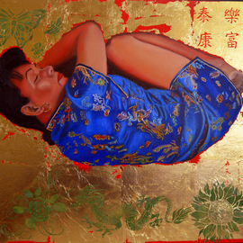 Thu Nguyen: 'the dream', 2019 Oil Painting, Figurative. Artist Description: Painting with the image of a sleeping, crouching Chinese Woman.  Medium- format painting with a combination of different materials and techniques - from relief acrylic to luxurious 24 kt gold leaf.Original paintingThe Dreamby Thu NguyenPainting is created on a panel and has a relief.  The painting is ...