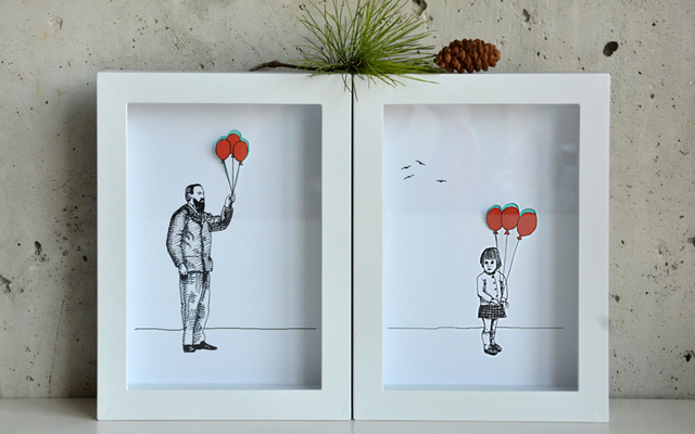Artist Aleksandar Janicijevic. 'Girl And Grandfather With Balloons' Artwork Image, Created in 2014, Original Drawing Pen. #art #artist