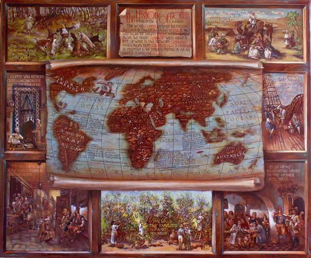 Artist Vali Irina Ciobanu. 'The History Of Coffee Map ' Artwork Image, Created in 2016, Original Painting Oil. #art #artist