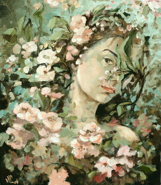 Artist Vali Irina Ciobanu. 'Portrait With Apple Flowers' Artwork Image, Created in 2008, Original Painting Oil. #art #artist