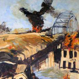 B Van Der Heide: 'Arnhem', 2011 Acrylic Painting, World Conflict. Artist Description:  arnhem, war, fire, smoke, ww2, bridge, war,  ...