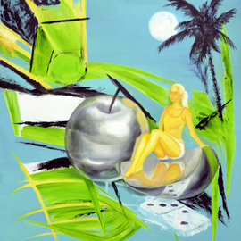 Sergey Lutsenko: 'oasis', 2017 Oil Painting, Surrealism. Artist Description: Oasis, SergeyLutsenko, surrealism, girl, apple, palm, moon...