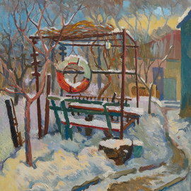 Victor Onyshchenko: 'arbour', 2017 Oil Painting, Landscape. Artist Description: Arbour with a lifebuoy. In the yard in Chernihiv. Winter in Ukraine. ...