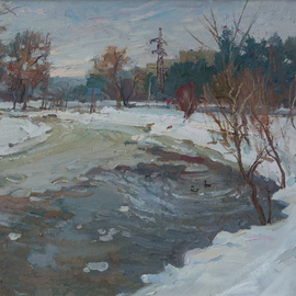 Victor Onyshchenko: 'winter in the park', 2012 Oil Painting, Landscape. Artist Description: Winter in the Victory park in Kyiv. Snow and frost. The lake hasn t frozen yet. In water ducks swim.  winter  snow  water  landscape  park  impressionism  realism  fineart  pleinair...