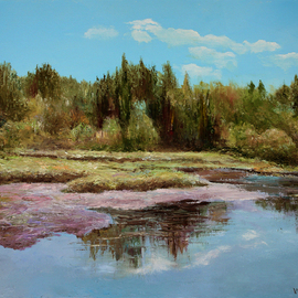 Vladimir Volosov: 'forest lake', 2022 Oil Painting, Landscape. Artist Description: The author s style is lyrical realism impressionism.  It is Textured and multilayered painting.  Made with Oil on canvas. There is no doubt that visual art is a powerful medium. It has the ability to inspire and to move us deeply  For me, the process of creating a ...