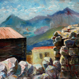 Vladimir Volosov: 'village in the mountain', 1998 Oil Painting, Abstract Landscape. Artist Description:     This is an original unique textured oil painting on  Nanvas on a wooden underframe.  Painted with a palette knife. Original Artist Style aEUR