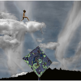 Wayne King: 'Choose Your Own Path Aim High', 2012 Color Photograph, Fantasy. Artist Description:  Subtitle: The Cloud Jumper The third in a series of images entitled Finding Your Own Path. This image depicts a nude male leaping between clouds over a lichen encrusted sign....