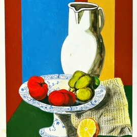 Wayne Ensrud: 'white porcelain pitcher', 2024 Oil Painting, Still Life. Artist Description: Divine proportions bring this still life to into arresting light where the power of design meets bold colors. ...