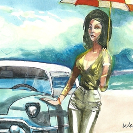 Harry Weisburd: 'Redux  1950s', 2011 Acrylic Painting, Figurative. Artist Description:  Redux 1950s Sexy erotic woman in 1950s style clothes with 1950s car at the beach with an umbrella         ...
