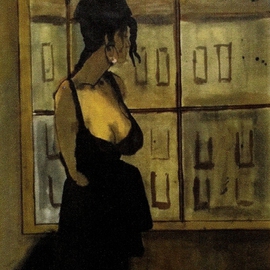 Woman In Black Dress By Cityscape Window, Harry Weisburd