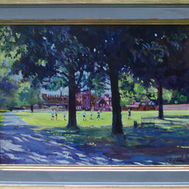 David Welsh: 'College Field, Eton', 2013 Oil Painting, Landscape. Artist Description:  This playing field is used mainly by the scholars of Eton. Ahead are the main College buildings, including the Headmaster' s quarters. To the right is the famous' Wall' , where the Eton Wall Game is played. ...