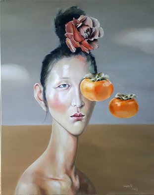 Wenli Liu: 'leaving persimmons', 2019 Oil Painting, Figurative. Having been a journalist for many years gave me the unique opportunity to meet so many people and friends. Observing their life journeys and understanding their struggles has made me recognize how the temptations in life can be a distraction from reaching true happiness and inner peace.By painting expressionist ...
