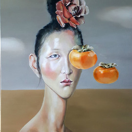 Wenli Liu: 'leaving persimmons', 2019 Oil Painting, Figurative. Artist Description: Having been a journalist for many years gave me the unique opportunity to meet so many people and friends. Observing their life journeys and understanding their struggles has made me recognize how the temptations in life can be a distraction from reaching true happiness and inner peace.By ...