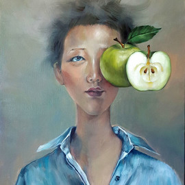 Wenli Liu: 'temptation green', 2018 Oil Painting, Figurative. Artist Description: By painting expressionist portraits in oil, I aim to mirror this dilemma, and how those temptations can obscure the path to our ultimate destination.It is the most direct way to express my thoughts and self consciousness about what lies ahead for me. ...