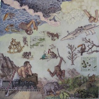 Wendy Lippincott: 'earth air water', 2003 Oil Painting, Animals. Three of the Four Elements of Matter  Earth, Air, Water   missing Fire .  A collage...