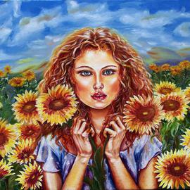 Yelena Rubin: 'Summers Sunflowers', 2013 Oil Painting, Portrait. Artist Description:  The sun provides the constant renewal of life.  Its warmth and radiance enhances our beauty and gives us energy. This painting attempts to showcase these qualities in a unique way.