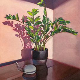 Yue Zeng: 'hello google', 2021 Oil Painting, Still Life. Artist Description: Interior plant and Google mini. ...