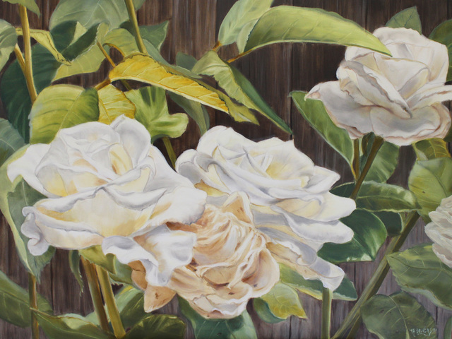 Marsha Bowers  'White Garden Roses', created in 2023, Original Mixed Media.
