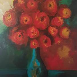 Zhaleh Rasek: 'zh01ras', 2016 Acrylic Painting, Still Life. Artist Description: red roses and cyan ceramic jar in perfect harmony with background wallpaper was true inspiration for me . ...