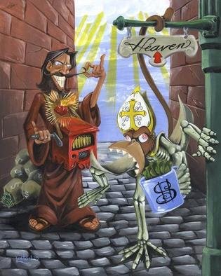 Jr Linton; Shakedown, 2005, Original Painting Acrylic, 16 x 20 inches. Artwork description: 241 JC Whiplash cranks out the hymns while Pogo the Pope Monkey extorts your cash. The price of eternal bliss. Original Acrylic on Board...