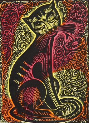 Alexander Gubarev; Wise Cat, 1962, Original Printmaking Linoleum, 21 x 29 cm. Artwork description: 241 Anothers soul is dark, well, and catssoul - even more so. ...