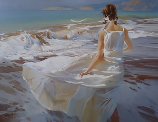 Alexey Chernigin; Atlantic, 2013, Original Painting Oil, 90 x 70 cm. Artwork description: 241 Girl, sea, waves, sun, summer, water, beach, white dress, wind...