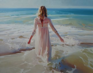 Alexey Chernigin; Appointment, 2017, Original Painting Oil, 90 x 70 cm. Artwork description: 241 Sea, girl, waves, sunny, water, seacoast, body, dress, impressionism...