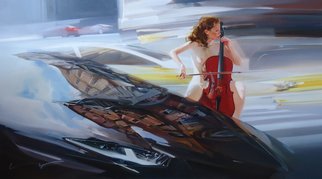 Alexey Chernigin; Music Of The Spring Streets, 2015, Original Painting Oil, 160 x 90 cm. Artwork description: 241 Cello, street, music, naked girl, cars, reflections...