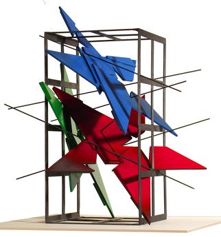Alexey Klimov, 'HANGING AROUND C', 2014, original Sculpture Mixed, 22 x 23  x 20 inches. Artwork description: 2703       This is part of collection of 2. For many years I have been studying this phenomena of free play of shapes, quite aggressive sometimes, confined into some very rigid and very restrictive grid work. I really admire how those elements not only refuse to recognize their surroundings ...