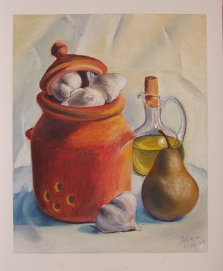 Alex Mirrington; Garlics, Oil And A Pear, 2008, Original Pastel,  14 inches. 