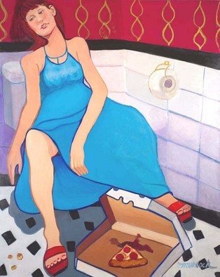 Alice Murdoch; SECRET RENDEZVOUS, 2011, Original Painting Oil, 48 x 62 inches. Artwork description: 241     Woman with pizza                               ...