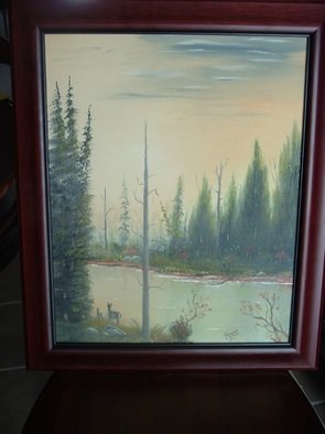 Al Johannessen; Morning Stroll, 2010, Original Painting Oil, 16 x 20 inches. Artwork description: 241   Black bear blocking the trail Two deer walking along the Yellowstone river bank in Montana  ...