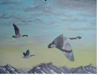 Al Johannessen; Ovet The Tops, 2010, Original Painting Oil, 20 x 16 inches. Artwork description: 241   Canadain geese Flying over mountains     ...
