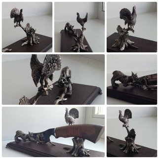 Aleksey Martemjanov; Lynx And Wood Grouse, 2017, Original Sculpture Mixed, 300 x 150 mm. Artwork description: 241 Table stand for hunting knives Lynx and wood grouse. ...