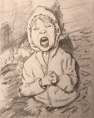 Alyse Dietrich; Leaf Pile, 2017, Original Drawing Graphite, 8 x 10 inches. Artwork description: 241 leaf pile, yelling, yell, mouth, rain coat, child...