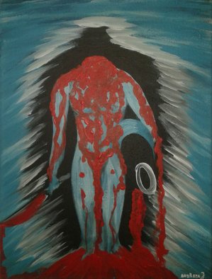 Andreea J; Humans 3, 2014, Original Painting Acrylic, 30 x 40 cm. Artwork description: 241  submission, pain, suicide, blood, respect, blue, red, man ...