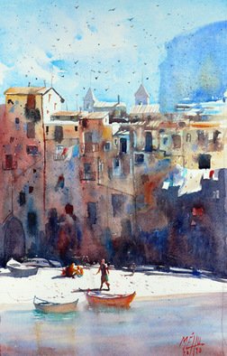 Andre Mehu; Cefalu, 2010, Original Watercolor, 30 x 41 cm. Artwork description: 241  Some figures walking and resting on the beach of the old harbour of Cefalu located on the noth coast of Sicily.  ...