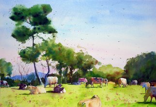 Andre Mehu; Kerliezec, 2011, Original Watercolor, 60 x 40 cm. Artwork description: 241    Watercolor landscape featuring some cows in a field.   ...